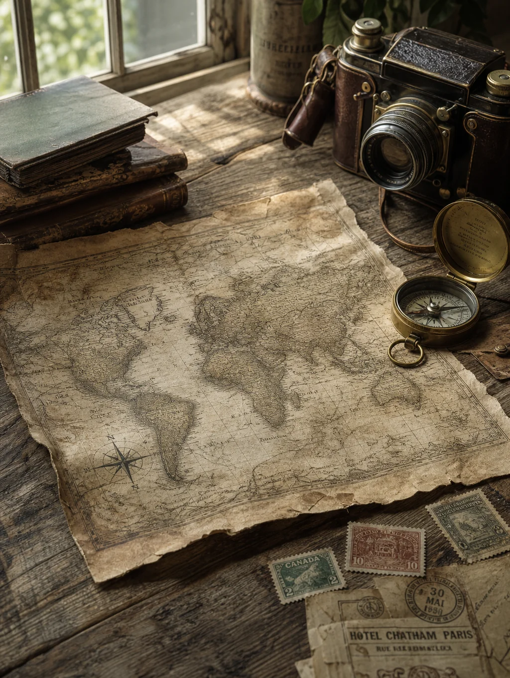 Topographic maps and compass on a weathered wooden field desk