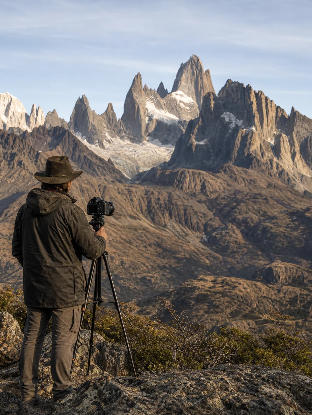 Large format camera mounted on a tripod facing a glacial horizon