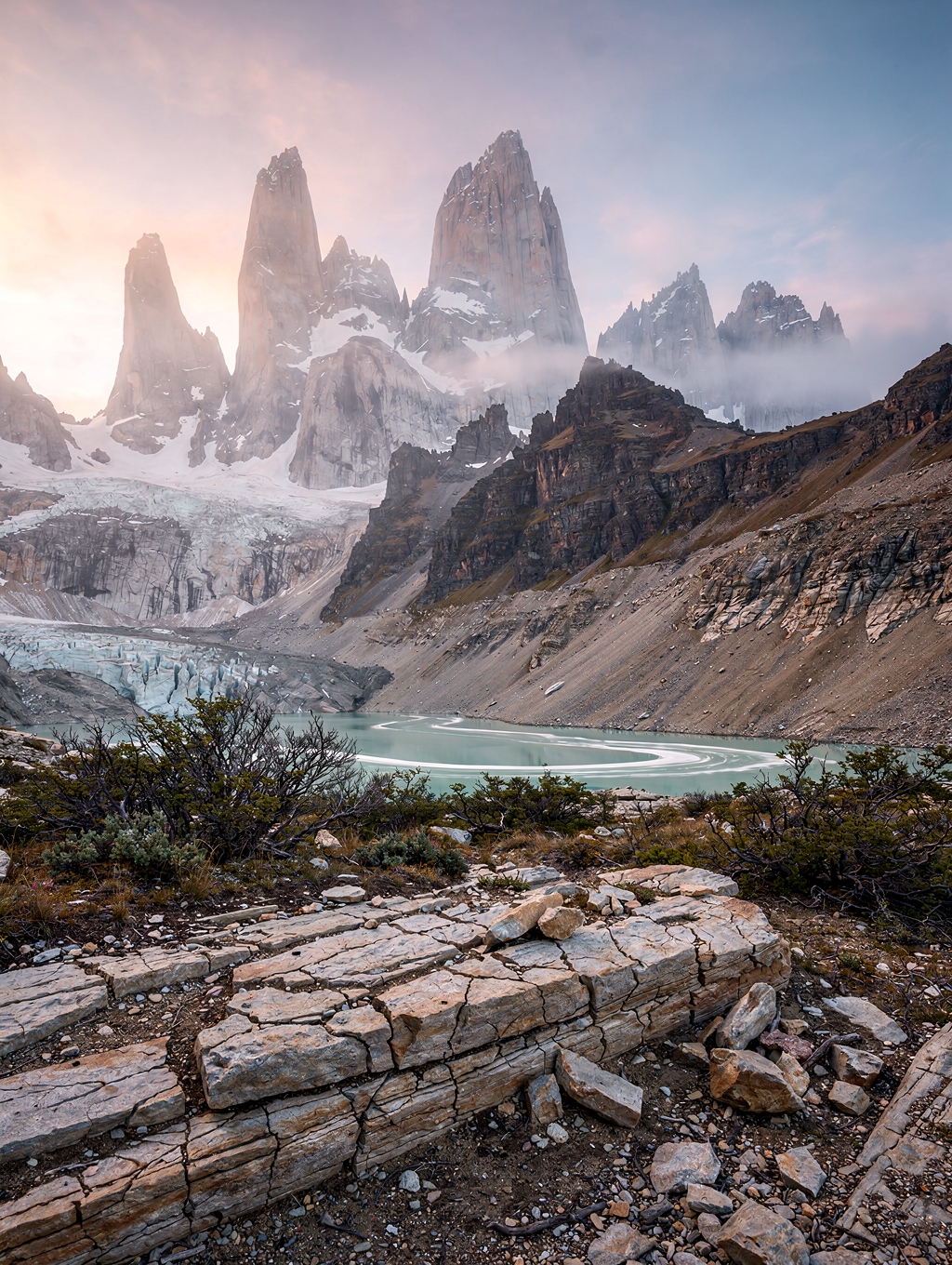 Golden light hitting the granite peaks of Fitz Roy
