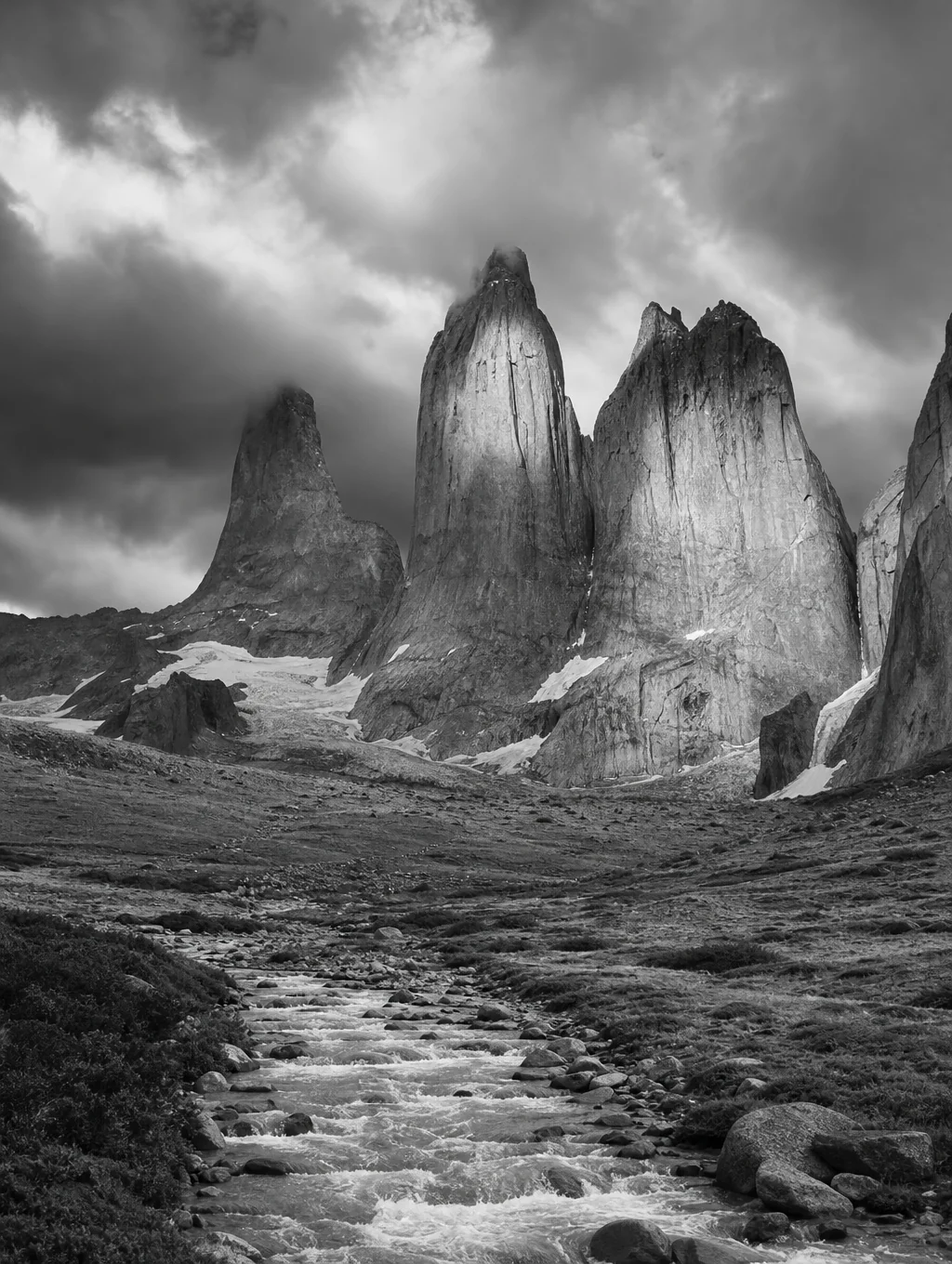 Dramatic storm clouds over Patagonian granite spires